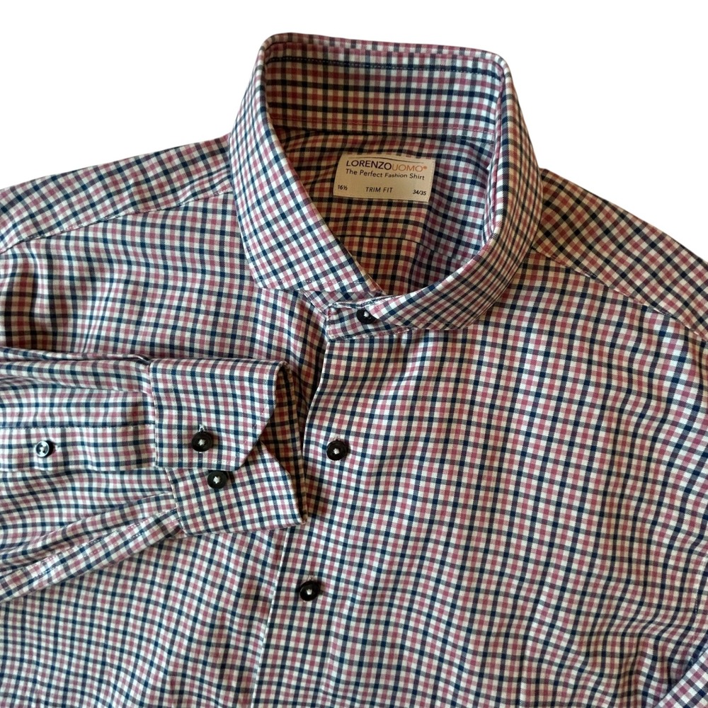 Lorenzo Uomo Mens Trim Fit Dress Shirt 16.5 34/35 Red Navy Check Long Sleeve EUC